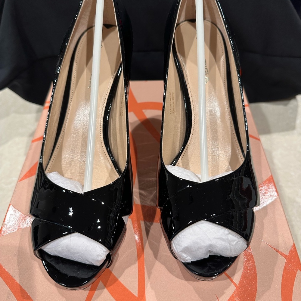 Via Spiga Glossy Black Peep-Toe Heels